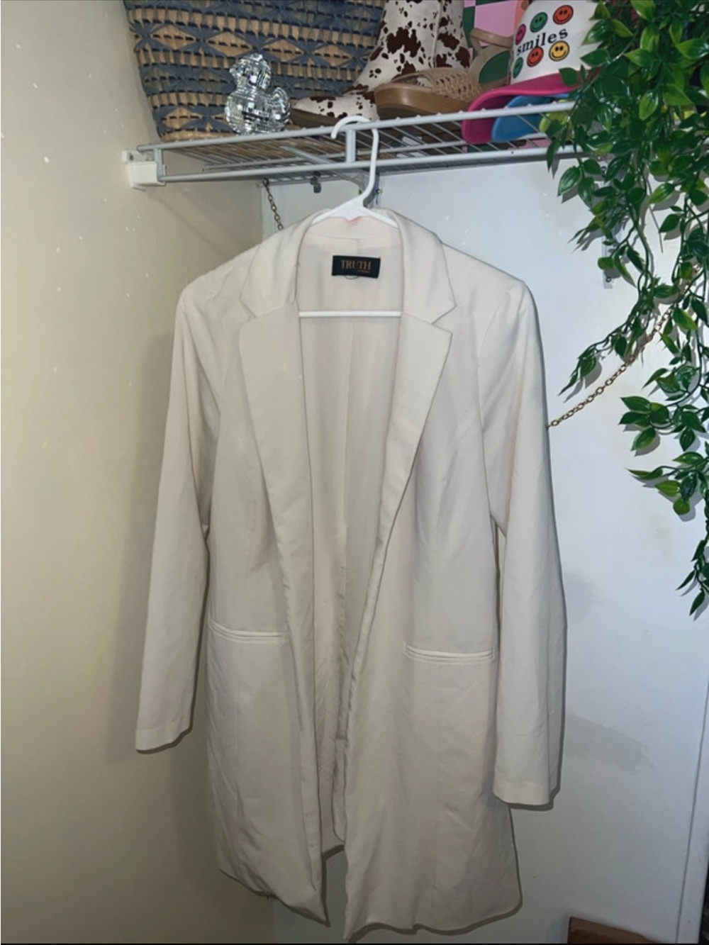 Truth Cream Open-Front Long Blazer